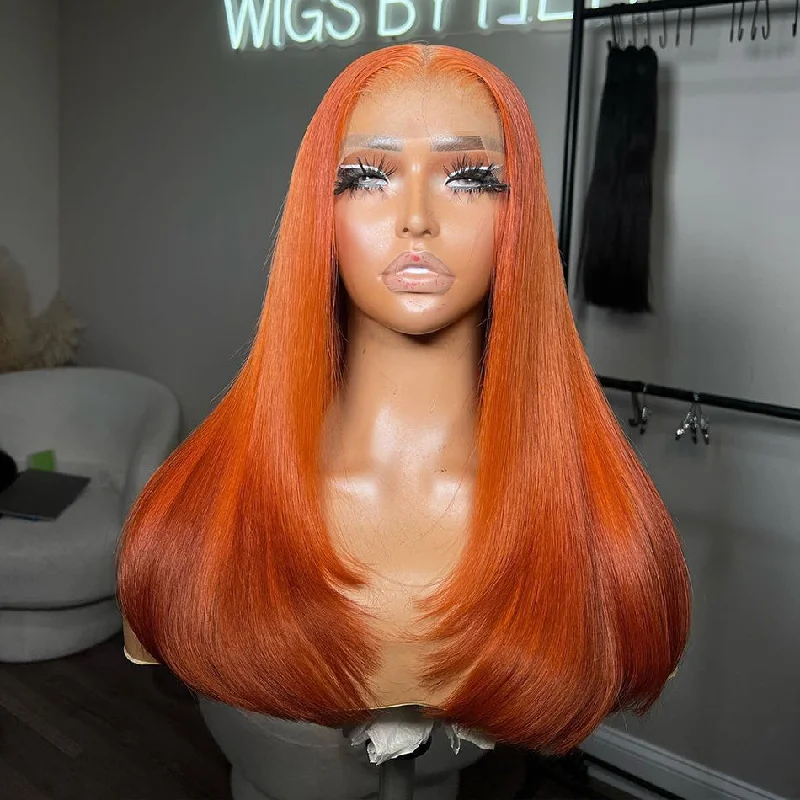 real person hair ring ridge detail-Hot Star Hairstyle Works Orange Colored Elegant 13x6 Lace Front Wig 6x4 Glueless Lace Closure Ready To Wear Human Hair Wigs