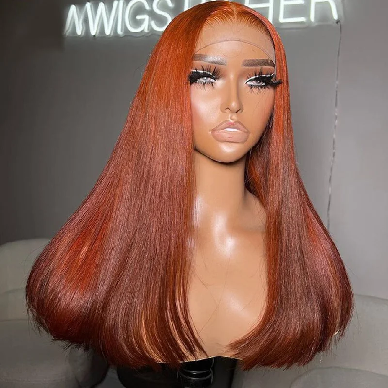 real person hair ring arctic craft-Hot Star Hairstylist Works Reddish Orange Colored Pre Plucked Ready To Wear 6x4 Glueless Closure 13x6 Lace Front Human Hair Wigs