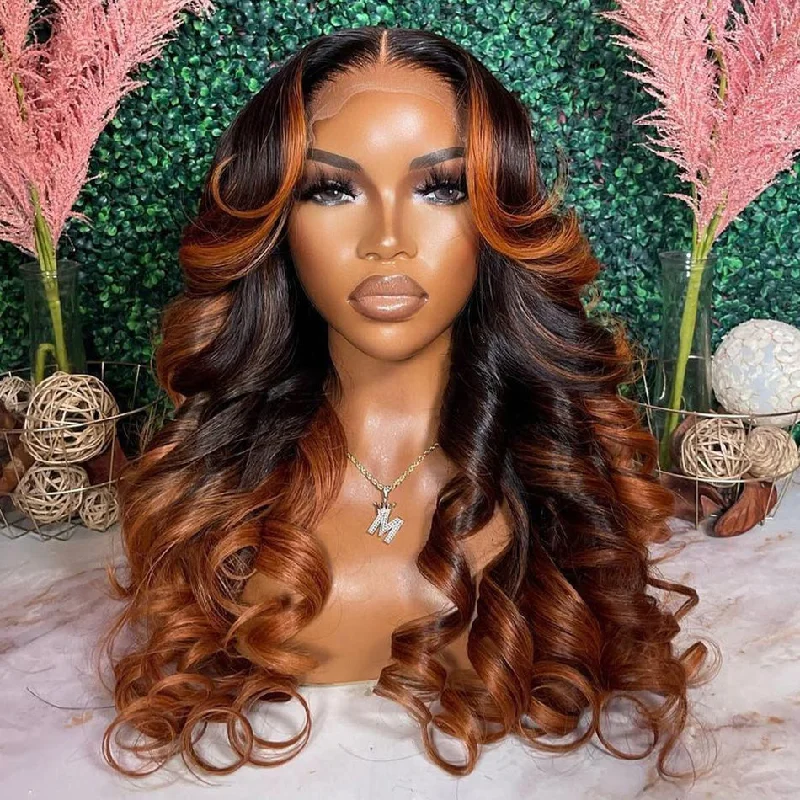 real person hair ring retro craft-Hot Star Ombre Ginger Brown Colored 180% Density 5x5 13x6 Lace Front Closure Wig 4x6 Glueless Ready To Wear Human Hair Wigs