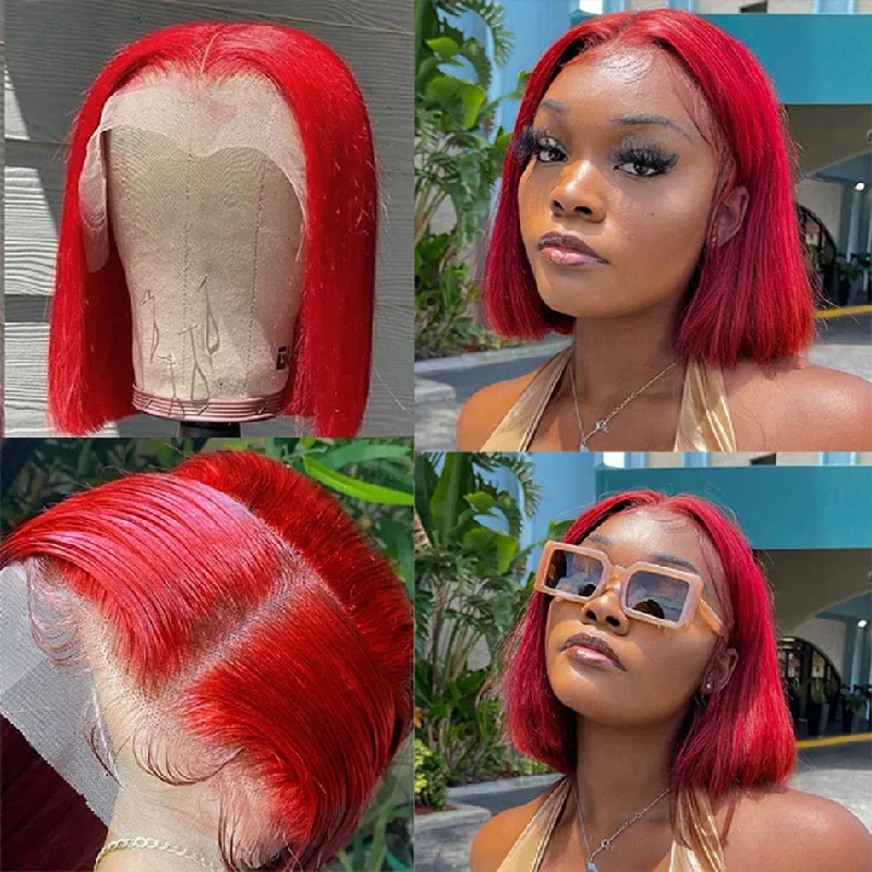 real person hair ring oasis band-Hot Star Red Colored Bob 4x6 Wear And Go Glueless Wig Short 13x6 Lace Front Human Hair Wigs