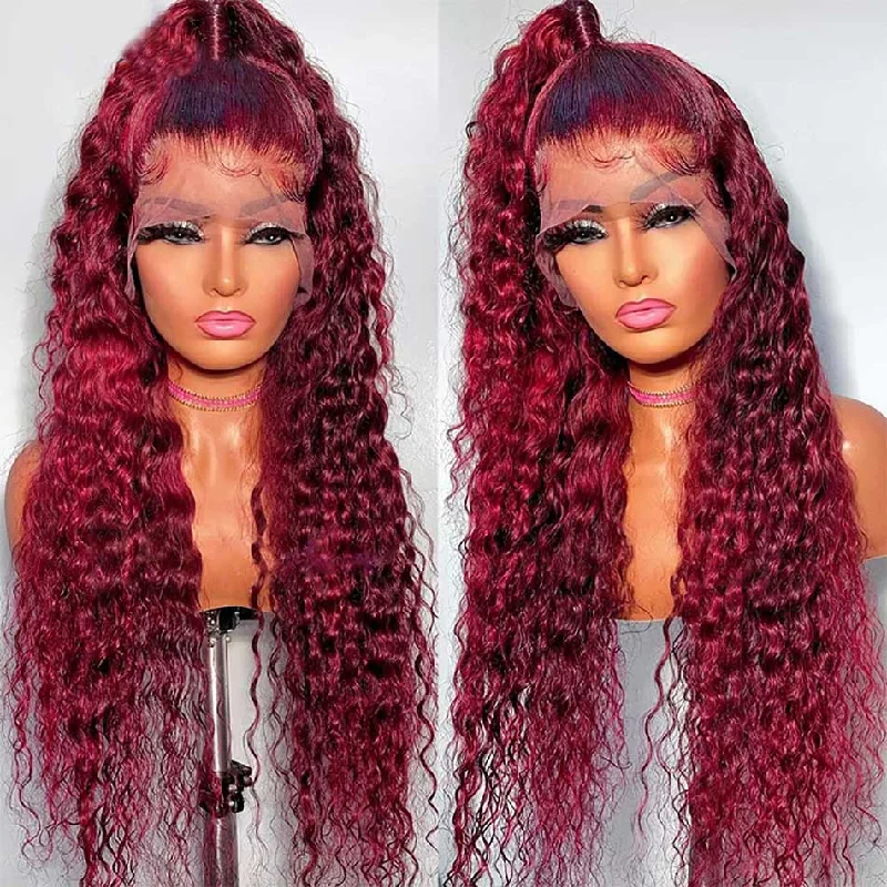 real person hair ring lovely detail-Hot Star Reddish Burgundy Colored 5x5 13x6 Lace Front Closure Wig 6x4 Glueless Ready To Wear Human Hair Wigs Deep Wave