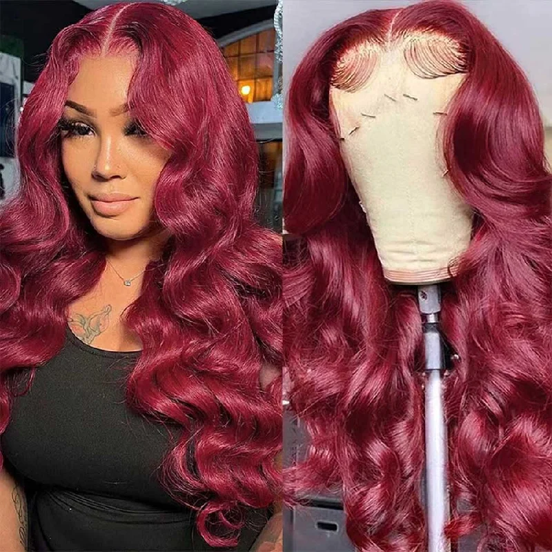 real person hair ring party craft-Hot Star Reddish Burgundy Colored 5x5 13x6 Lace Front Closure Wig 6x4 Glueless Ready To Wear Human Hair Wigs Body Wave