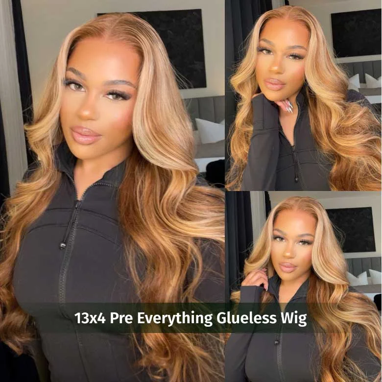 real person hair ring artistic detail-Klaiyi Ombre Highlight Blonde Body Wave 13x4 Pre-Everything Lace Frontal Wig Human Hair Put on and go Wigs