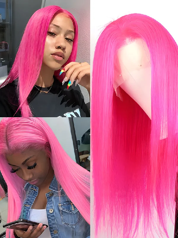 real person hair ring elite ring-CurlyMe Hot Pink Colored Straight Human Hair 13x4 Lace Front Wigs Pre Plucked Hairline