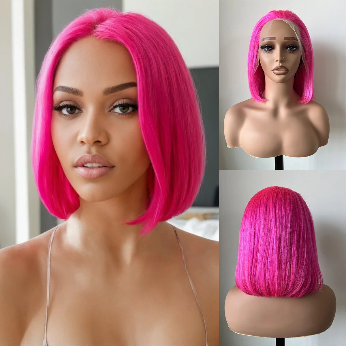 real person hair ring corduroy band-Pink Human Hair Wig