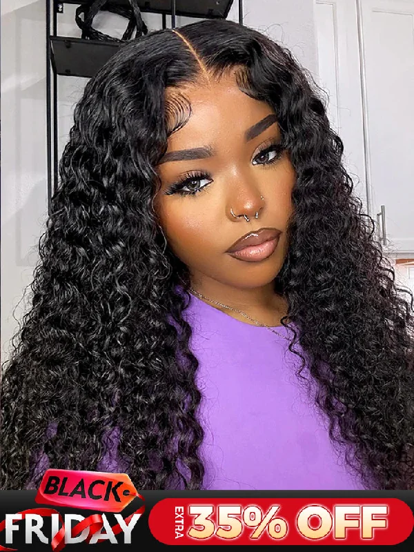 real person hair ring refined craft-CurlyMe Pre-bleached Wear Go Glueless Wig 7x5 Pre-cut HD Lace Water Wave Human Hair