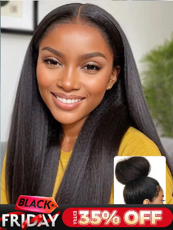 real person hair ring autumn craft-CurlyMe 360 Lace Wear Go Wig Pre-Bleached Yaki Straight Human Hair Pre-Plucked Lace Front Wig