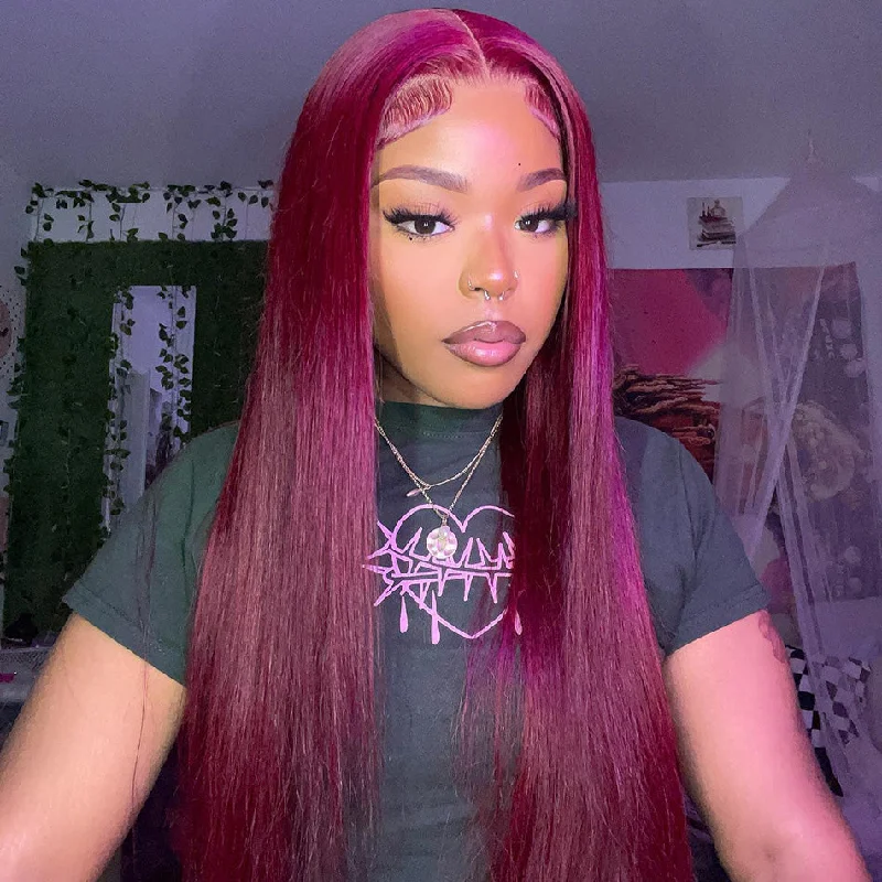 real person hair ring playful craft-SUPER DEAL ! Hot Star 99j Burgundy Colored 13x6 Lace Front 6x4 Glueless Lace Ready To Go Wig Straight Human Hair Wigs