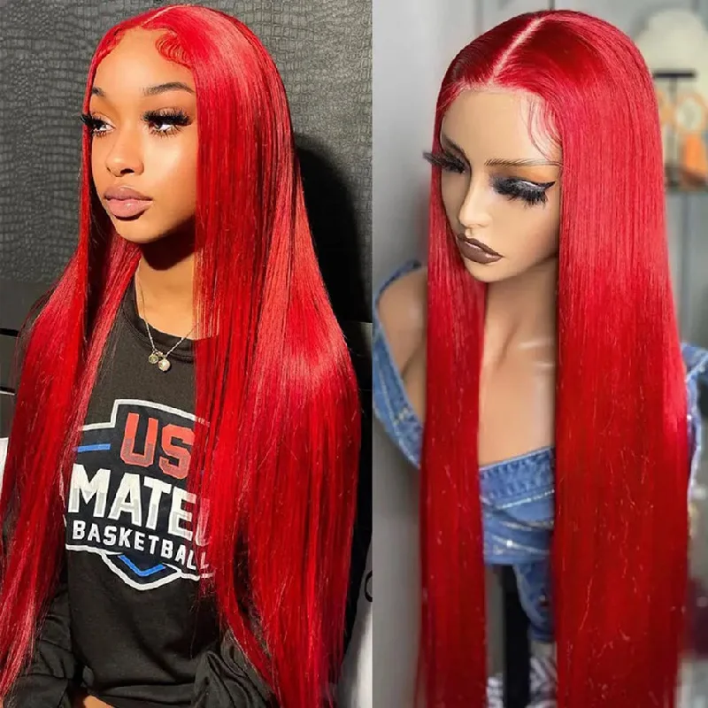 real person hair ring top-tier detail-SUPER DEAL ! Ekane Pick Hot Star Red Colored 13x6 Transparent HD Lace Front Human Hair Wigs