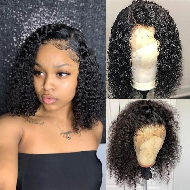 real person hair ring bespoke detail-Short Bob Wigs Kinky Curly Human Hair 4x4 13x4 13x6 Lace Front Wigs Pre Plucked with Baby Hair Natural Black